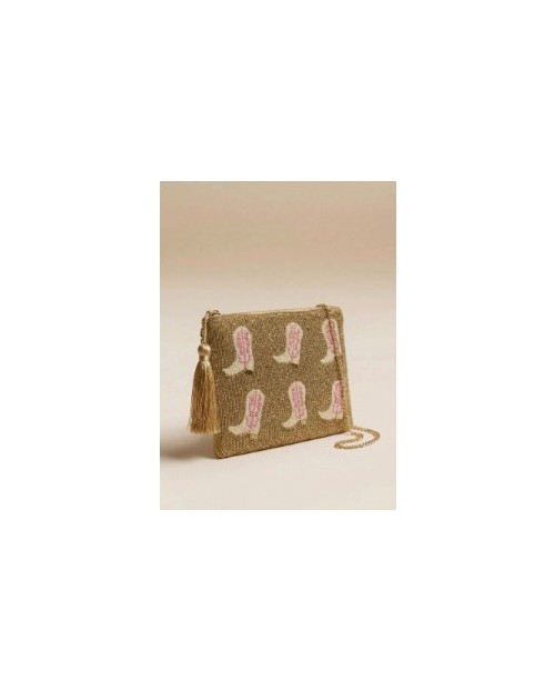 Bolso clutch artesanal confeccionado en dorado con motivos