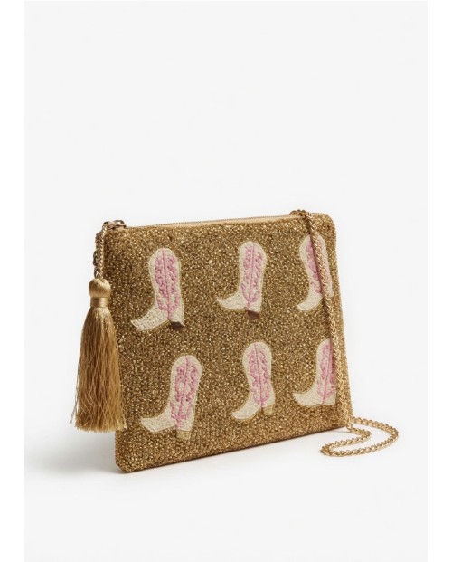 Bolso clutch artesanal confeccionado en dorado con motivos