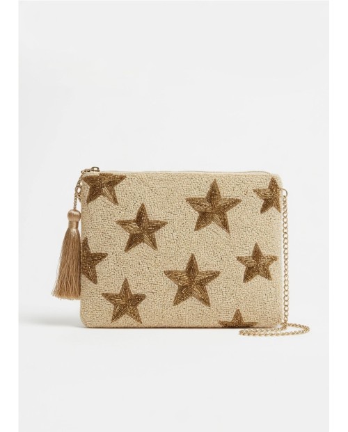 Bolso clutch artesanal confeccionado en mostacilla beige con estrellas